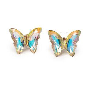 Iridescent AB Butterfly Stud Earrings | Gold Tone Aurora Borealis Crystal Y2K Je